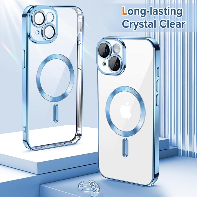 Hython Magnetic Clear for iPhone 14 Case with Camera Lens Protector [Compatible with MagSafe] Luxury Plating Edge Slim Soft TPU Cover Protective Phone Case for iPhone 14 6.1", Light Blue