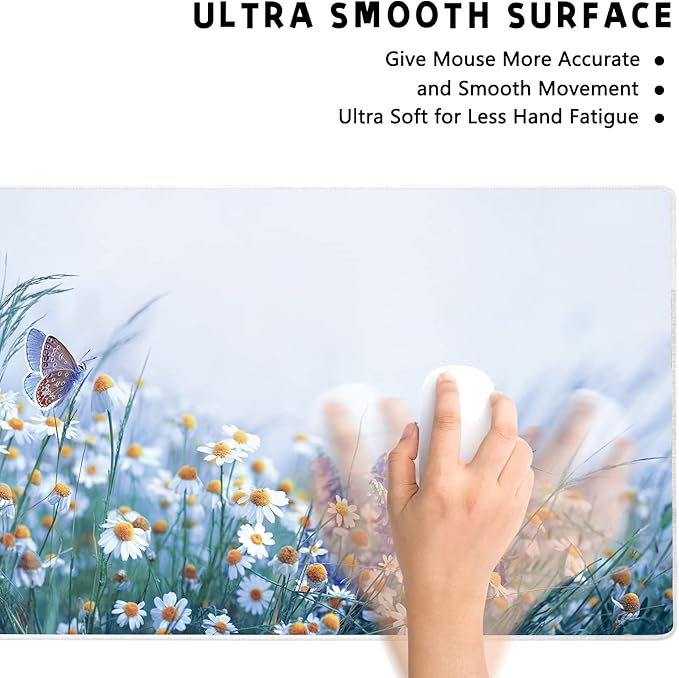 Extended Large Gaming Mouse Pad Wildflowers Chamomile and Butterflies XXL Size Keyboard Mouse Mat Desk Pad with Non Slip Rubber Base Stitched Edges Office Decor for Women Girls Men,35.4 x 15.7inch