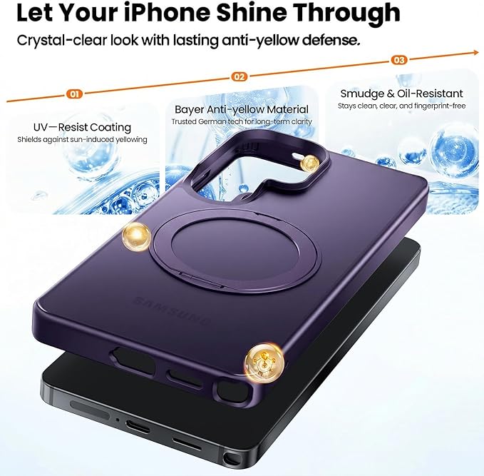 360°Ring Stand for Samsung Galaxy S26 Ultra Case with 1X Screen Protector +1X Camera Cover,Fit for MagSafe, Translucent Matte Cover & Scratch-Resistant Back Cover for Galaxy S26 Ultra 6.9", Purple