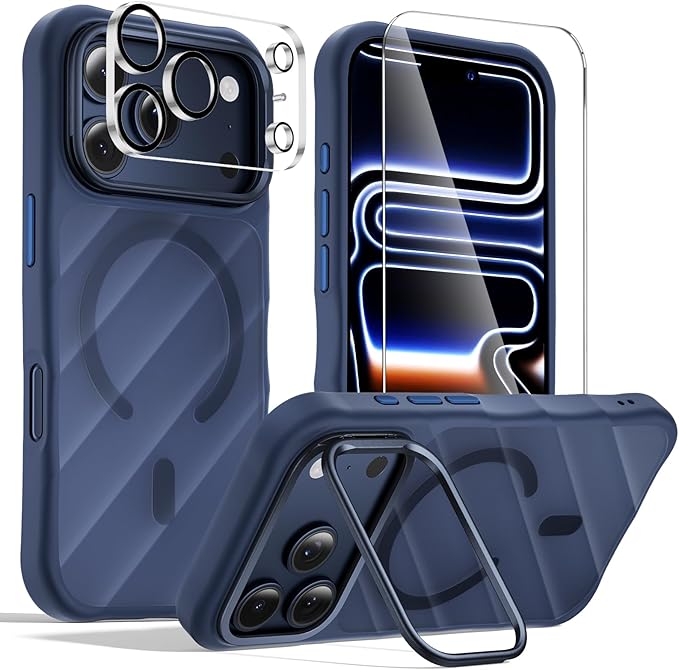 3-in-1 Set for iPhone 17 Pro Max Case with Camera Stand [1 Screen Protector & 1 Camera Lens Protector ][Fits MagSafe][Shockproof & Magnetic][Translucent Matte]Fashion Phone Case for 17 Pro Max(Blue)