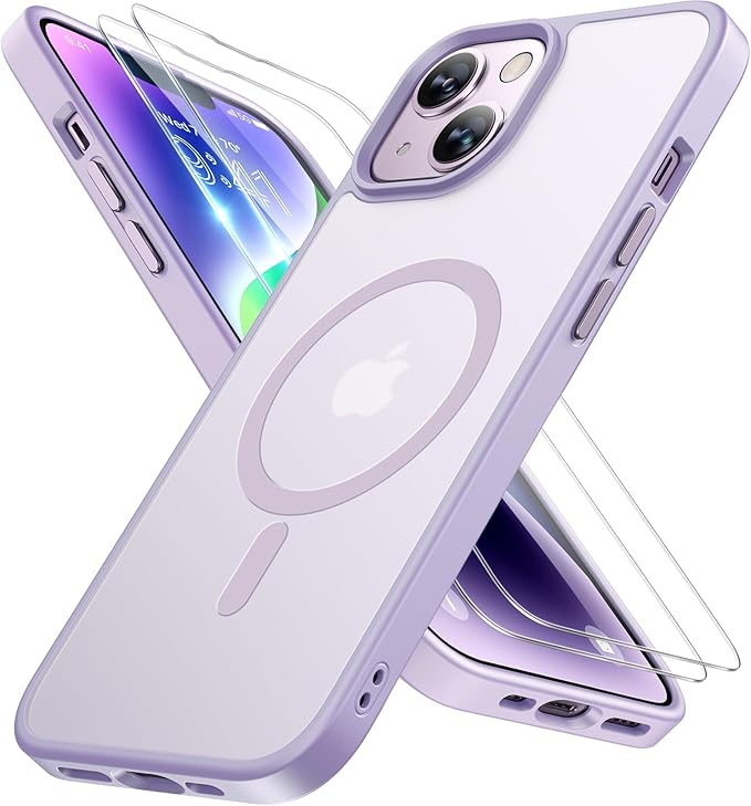 Miracase Magnetic for iPhone 14 Case 6.1 inch (Compatible with MagSafe)（with 2X Screen Protectors） Military-Grade Protection, Anti-Fingerprint Translucent Matte Phone Case Cover, Light Purple