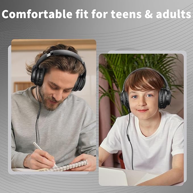Botesty Sound Headphones Wired with Microphone, Over Ear Foldable 3.5mm Plug in Headphones with 4.9ft Tangle-Free Nylon Cord for Tablet, Laptop, MP3/4, School, Airplane Travel (Black)