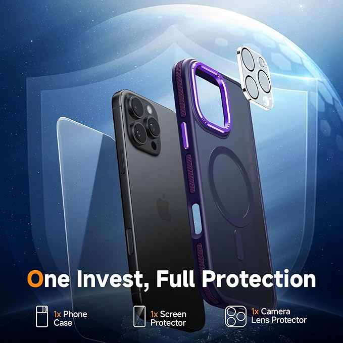 Magnetic 3 in 1 for iPhone 16 Pro Case, [Omni-Directional Protection] with 1x Screen Protector + 1x Camera Cover, [Seamless Work with Magsafe] Shockproof Slim Thin Matte Case for iPhone 16 Pro Purple