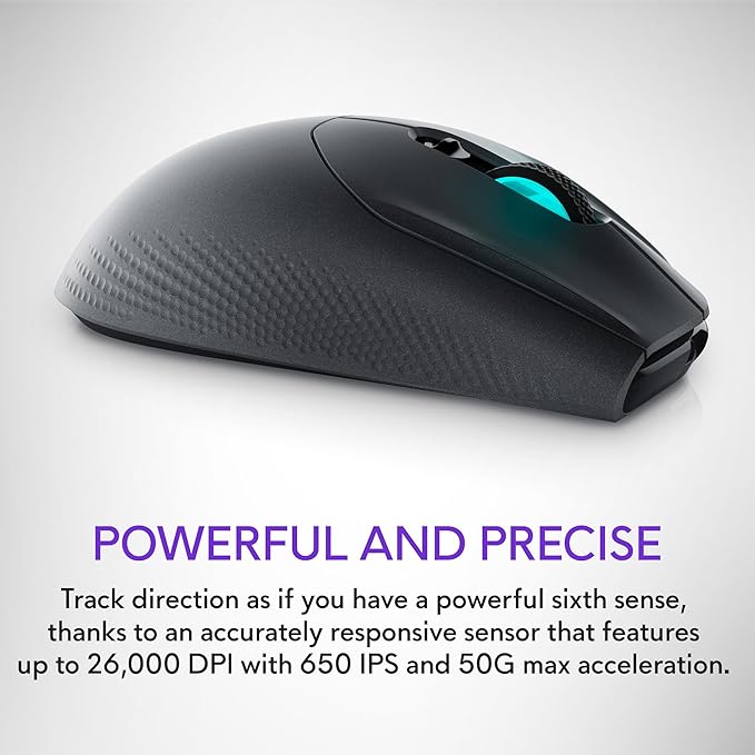 Alienware Wireless Gaming Mouse AW620M - Wireless/Wired, 1 x USB - 4 pin USB Type A, 26000 dpi, 3.52oz (99g) Weight, 7 Buttons, Non-Slip Grip, up to 140 Hours of Gaming - Dark Side of The Moon