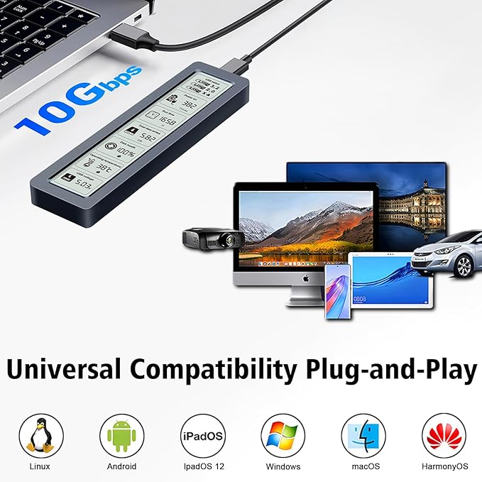 Smart M.2 NVMe SSD Enclosure, Large LCD, Intelligent Detection, Prevents Write Data Loss, USB 3.2, Type-C (10 Gbps), fits NVMe PCIe Size 2230/2242/2260/2280, Support M-Key B+M Key (up to 4TB)