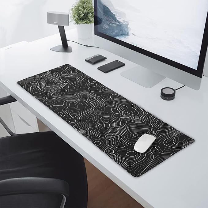 Topographic Map Large Mouse Pad XL Black Lines Contour Geographic Extended Large Desk Mat Big Desk Pad 80X30 CM Non-Slip Rubber Base Stitched Edge Long Mousepad,31.5×11.8 Inch