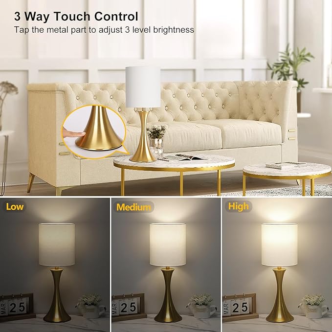 Gold Bedside Lamp Touch Control Table Lamp for Bedroom, 3-Way Dimmable Nightstand Lamp with White Shade, Modern Table Lamp for Living Room, Minimalist Desk Lamp for Dorm, Home, Office, Bulb Included