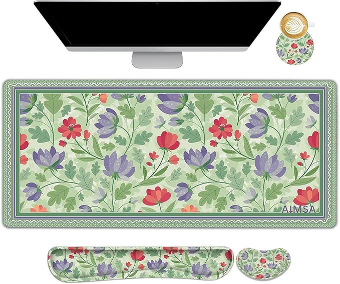 AIMSA Gaming Mouse Pad Wrist Support Set, Desk Pad +Mouse Wrist Rest +Keyboard Wrist Rest +Coaster, 4in1 Ergonomic Mouse Pad Combo for Home Office -Red Purple Flower
