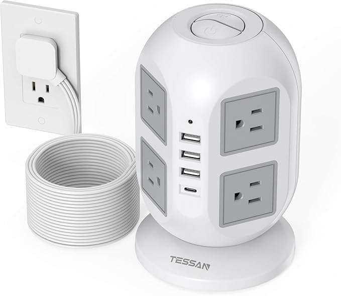 TESSAN Tower Surge Protector Power Strip 15 ft, Long Flat Extension Cord with Multiple Outlets, 8 AC Outlets with 4 USB Ports (1 USB C), Charging Station with Surge Protection, for Home Office Dorm