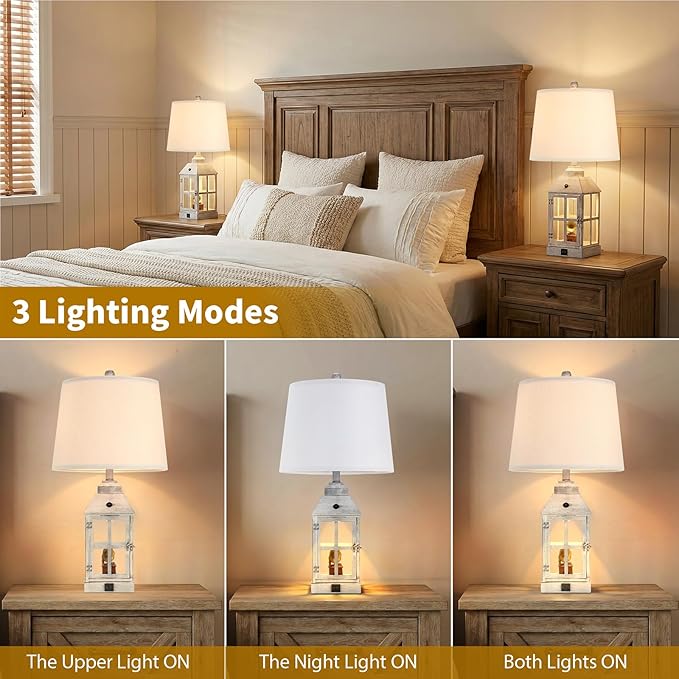 25" Farmhouse Table Lamp for Living Room, Table Lamps Set of 2 with USB Port and Nightlight, Rustic Table Lamp for Bedroom, Bedside Lamp for Nightstand, End Table, Home, LED Bulbs Included (White)