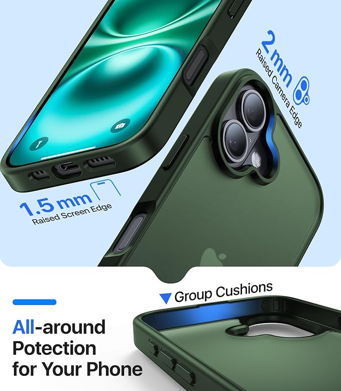 for iPhone 16 Case, [Military-Grade Drop Protection][Anti-Yellowing] Shockproof Protective Translucent Matte Cover for iPhone 16 Phone Case,Alpine Green