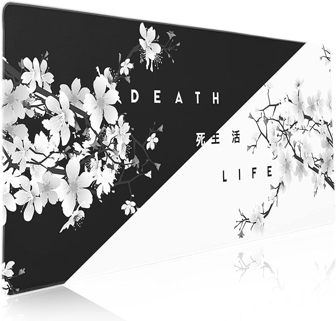Black White Cherry Blossom Mouse Pad Japanese Sakura Death Life Extended Desk Mat 90X40 CM Non-Slip Rubber Base Stitched Edge Large xxl Playmat for Gaming Laptop Computer Office Desktop,35.4×15.7 Inch