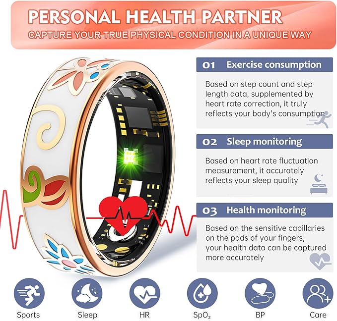 Smart Ring Health Tracker for Women Men, Sleep Tracker with Heart Rate,SpO₂,Blood Pressure, Fitness Ring for Activity Monitoring, No Subscription, Step Tracker Ring for ios&Android (Enamel color, #9)