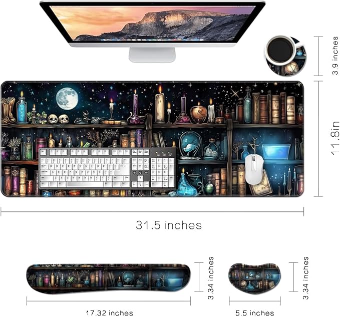 MIBITRI Keyboard Mouse Pad Set, Extended Gaming Mouse Pad+Ergonomics Keyboard Wrist Rest Support, Memory Foam, Easy Typing Pain Relief, 4Pcs XXL Ultra Thick Desk Mat, Enchanted Bookshelf