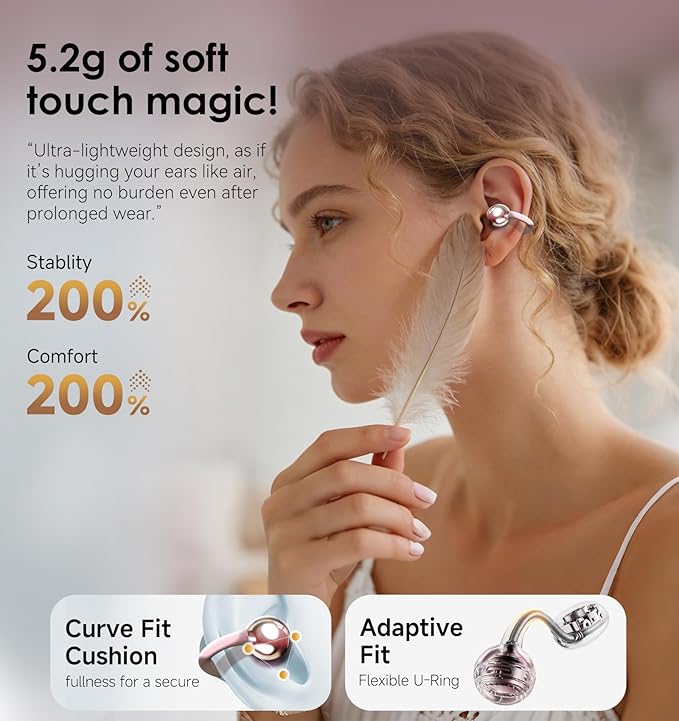 King Lucky Clip-On Earbuds Gen 3, Open-Ear Wireless Bluetooth 6.0 Headphones with Mic, Secure Fit for Small Ears & Glasses Wearers, 50H Playtime, ENC, IPX5 Waterproof Sport Ear Buds (Pink)