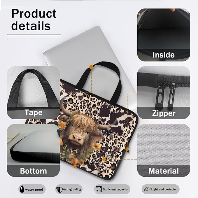 15 Inch Laptop Sleeve, Laptop Cover Computer Bag Tablet Carrying Case with Handle, Brown Cow Zipper Tote Bags Notebook Sleeves Handbag Messenger BriefcaseGifts for Women