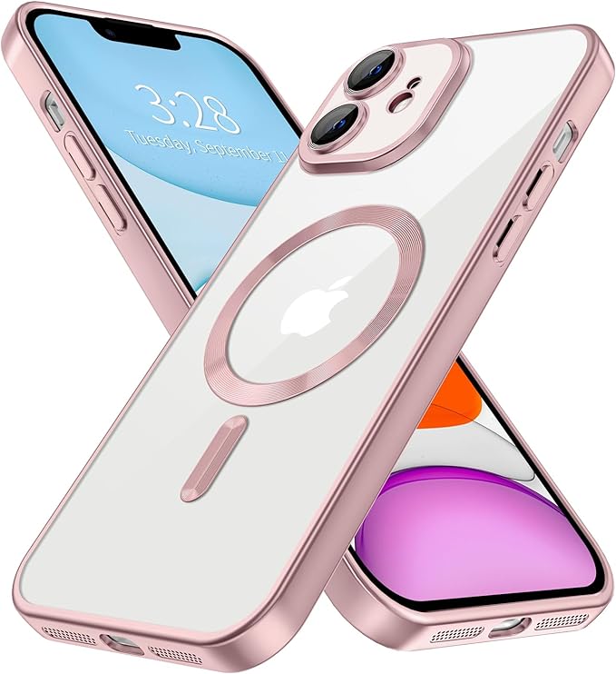 Hython Magnetic Clear for iPhone 11 Case with Camera Lens Protector [Compatible with MagSafe] Luxury Plating Edge Slim Soft TPU Cover Protective Phone Case for iPhone 11 6.1", Matte Pink