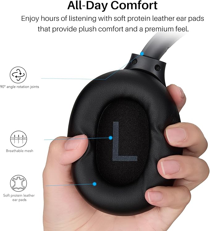 TOZO HT3 Hybrid Noise Cancelling Headphones, 90H Battery Life Wireless Over Ear Bluetooth 6.0 Foldable Headset, AI Voice Assistant with 5 Mics, Connect 2 Devices and Hi-Res Sound, 32 EQ Audio Presets
