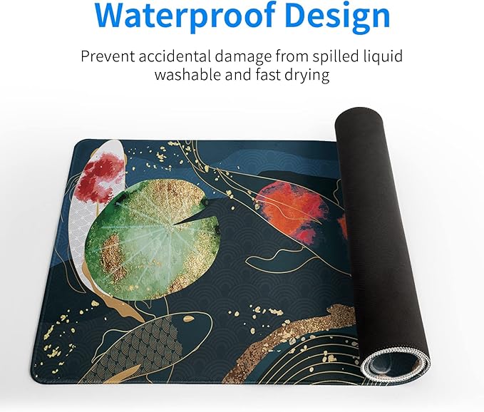 Japanese Gaming Mouse Pad XL - Extended Large Mouse Mat Desk Pad, Stitched Edges Mousepad, 3mm Thick Long Non-Slip Rubber Base Mice Pad, 31.5 X 11.8 Inch - Koi Fish Art