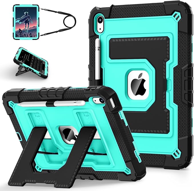 for iPad (A16) 11 Inch 11th /10th Generation 10.9 Inch iPad Case 10th Generation with Shoulder Strap,Heavy Duty Shockproof Cover for i Pad 11th/10th Gen,Black Mint