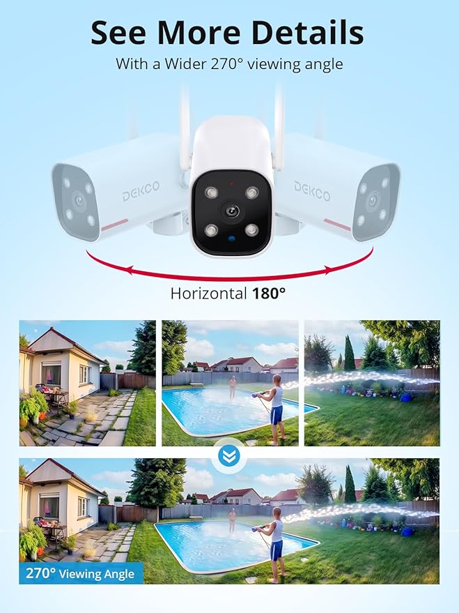 DEKCO 2 Pack Outdoor Security Camera with 2K Color Night Vision, Pan Rotating 180° Wired WiFi Camera Support 24/7 Recording, 2.4GHz WiFi, AI Human Auto Tracking, Work with Alexa/Google Assistant