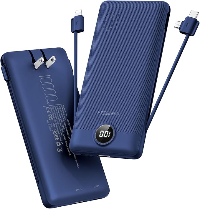 VEGER Portable Charger with Built-in AC Plug and Cables, All in One 10000mAh Ultra Slim Power Bank Travel Essentials, Fast Charging Battery Pack Compatible with iPhone, Samsung, Android (Navy)