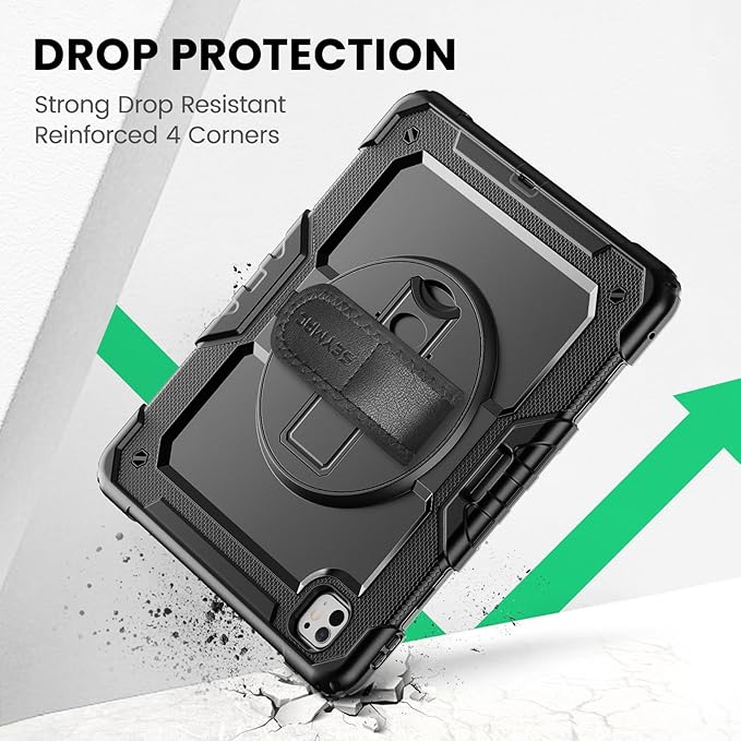 SEYMAC Case for iPad Pro 13 Inch M5 2025 / M4 2024, Heavy Duty Shockproof Protective Case with Screen Protector, 360° Rotating Stand, Hand/Shoulder Strap and Pen Holder, Black