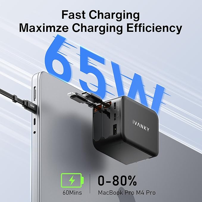 iVANKY 65W Retractable Wall Charger for MacBook, 5-in-1 USB C+Lightning GaN Charger Block with Cables, 33.5 inches, PD PPS Fast Charging, 5-Port Power Adapter for iPhone 17/16/15 Pro Max, MacBook Neo