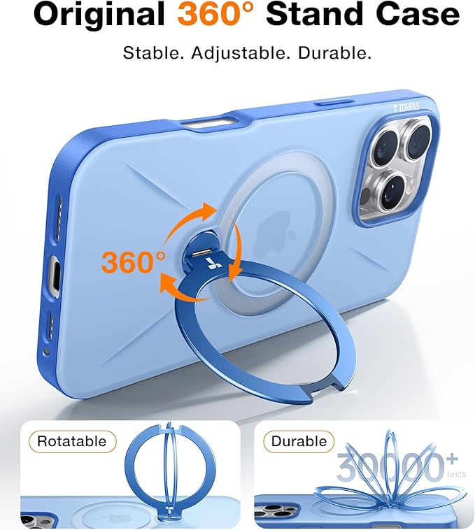 TORRAS 360° Spin Magnetic Stand for iPhone 16 Pro Max Case, Fit for MagSafe, Hard PC Protective Ostand Case for iPhone 16 Pro Max Phone Case with Kickstand Rotatable, Sapphire Blue