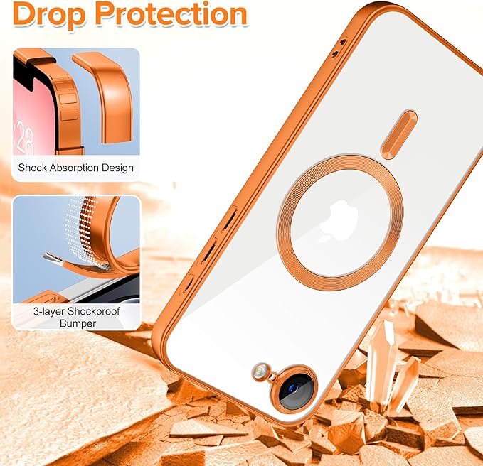 Hython Magnetic Clear for iPhone 17e Case with Camera Lens Protector [Compatible with MagSafe] Luxury Plating Edge Slim Soft TPU Cover Protective Phone Case for iPhone 17e 6.1", Matte Orange