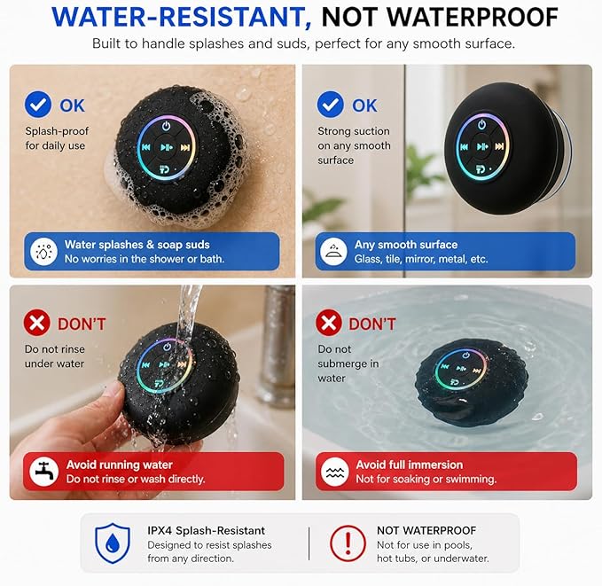 Bluetooth Shower Speaker with LED – Portable Wireless Mini Speaker with Mic & Suction Cup, IPX4 Water Resistant for Shower, Travel, Pool, River Floating, and Outdoor Fun (Black)