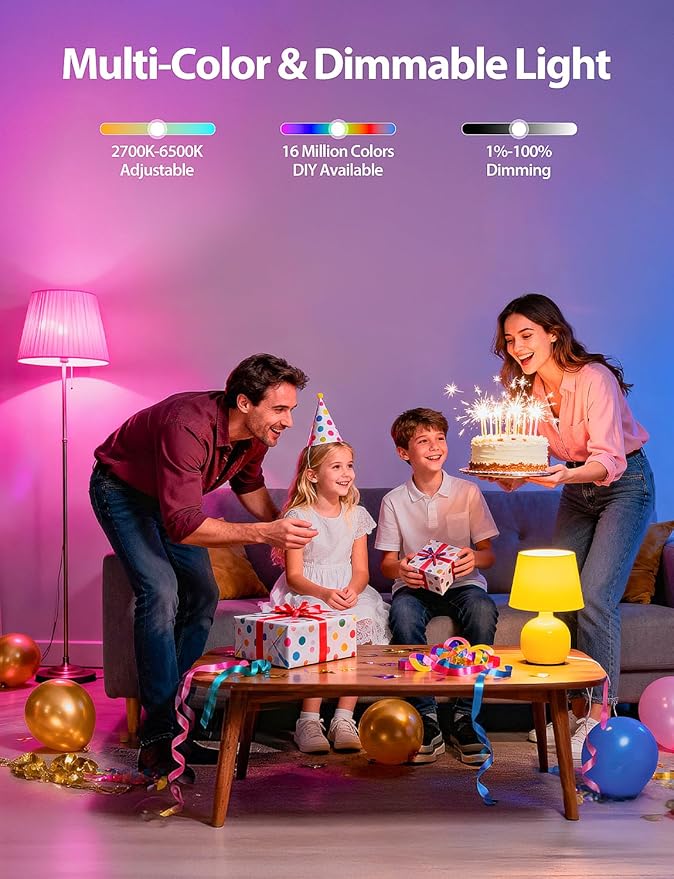 Smart Light Bulbs, Color Changing Light Bulb, Work with Alexa & Google Assistant, RGBWW A19 LED Light Bulbs Dimmable, 2.4GHz WiFi Bluetooth Light Bulb 60W Equivalent, Music Sync, 800LM, 4 Packs