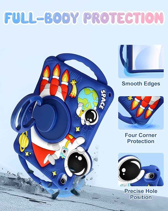 Boaretiu for iPad A16 Case/10th Generation Case - Cool Cute Cartoon Astronaut Spaceship with Strap & Rotating Stand & Handle for Boys Girls Teens 3D Silicone for iPad A16 11th Generation 11 Inch 2025