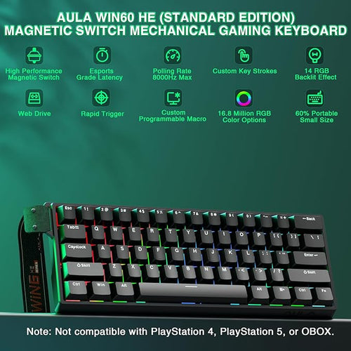 Aula WIN60 HE - 60% Mechanical Gaming Keyboard Wired, Magnetic Switch Hot Swappable, Adjustable Actuation Rapid Trigger Mode, 8000 Hz Polling Rate, RGB Small Keyboard 60 Percent Compact Design for PC