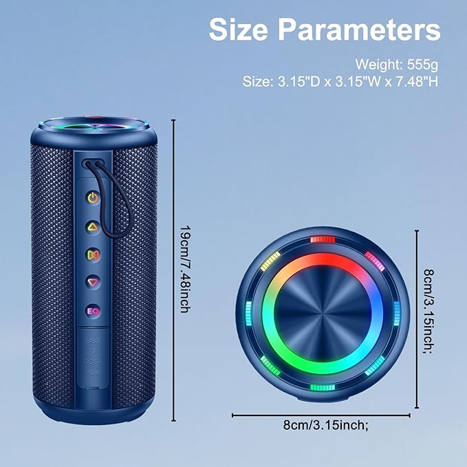 Portable Bluetooth Speaker, Bluetooth 5.4 Wireless Speaker with 20W HD Loud Stereo Sound, 20H Playtime, IP7 Waterproof, LED Lights, TWS Pairing, Built-in Mic, for Outdoor, Party, Home, Gift, Blue