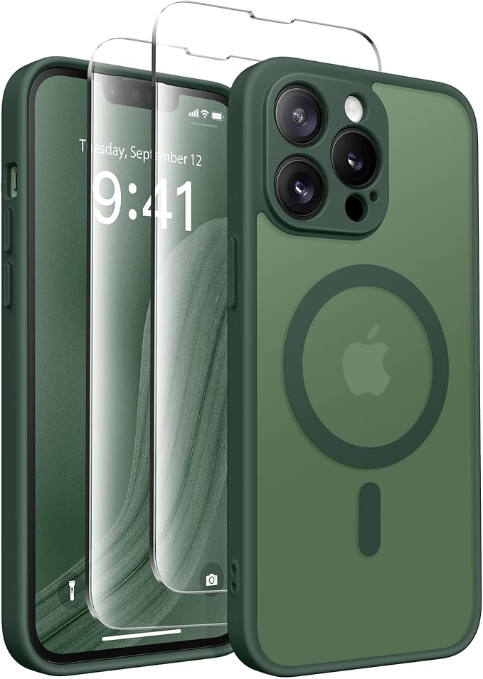 CAPRARO Magnetic for iPhone 13 Pro Case, [Compatible with MagSafe] [Full Camera Protection] Shockproof Protective Slim Translucent Matte Phone Case for iPhone 13 Pro 6.1'', Deep Green
