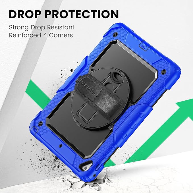 SEYMAC Case for iPad 6th/5th Generation 9.7 Inch, Full-Body Shockproof Heavy Duty Protective Case with Screen Protector, Rotating Stand/Hand/Shoulder Strap for iPad Air 2/ Pro 9.7, Blue