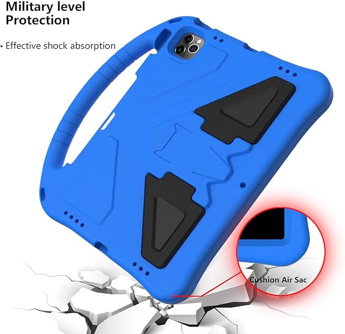 Kids Case for iPad Pro 11" 2022/2021/2020/2018, iPad Air 5th/4th Generation With Pencil Holder, Lightweight Shockproof EVA Foam Handle Stand Anti-Slip Grip Rugged, Blue