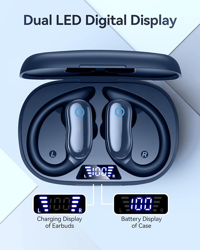 GNMN Active Noise Cancelling Ear Buds Wireless Earbuds 96hrs Playback Bluetooth Headphones Dual Battery Display Stereo Bass Earphones with Earhooks Microphone IPX7 Waterproof for Sports/Runing/Workout