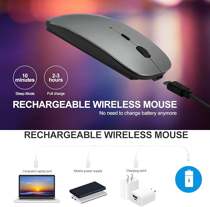 KLO Rechargeable Bluetooth 5.2/3.0/Type-C/USB-2.4G Mouse for MacBook/MacBook air/Pro/iPad, Wireless Mouse for Laptop/Notebook/pc/iPad/Chromebook (Grey)