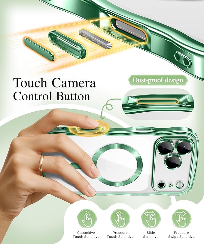 GVIEWIN for iPhone 17 Pro Max Case Compatible with MagSafe, Upgraded [Full Camera Protection][Cute Wave Frame][Military Grade Protection] Electroplated Hard Phone Cover for Women Girl, Clear/Green