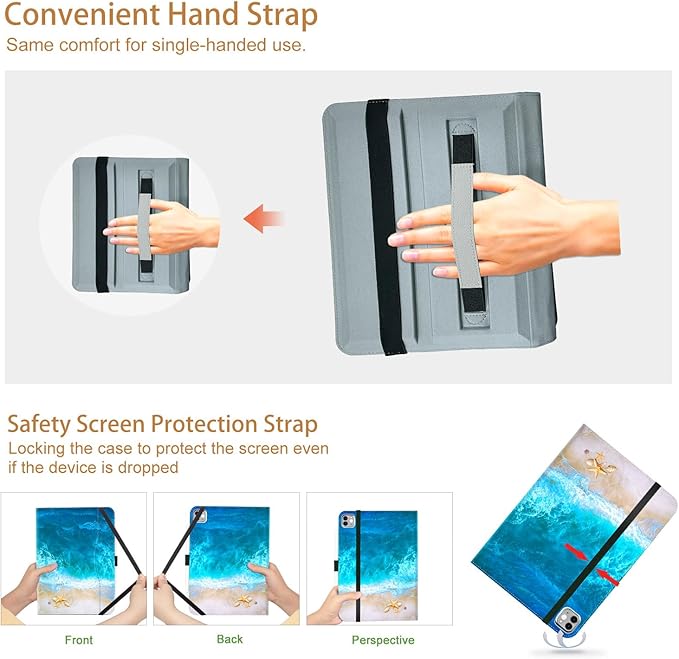 Rotating Case for iPad Air 11 Inch M4/M3/M2 2026, for iPad Air 5th/4th Gen Cases,for iPad Pro 11 Inch Case 4th/3rd/2nd/1st Generation Pencil Holder/Hand Strap/Pocket 360 Degree Rotating, Ocean Beach