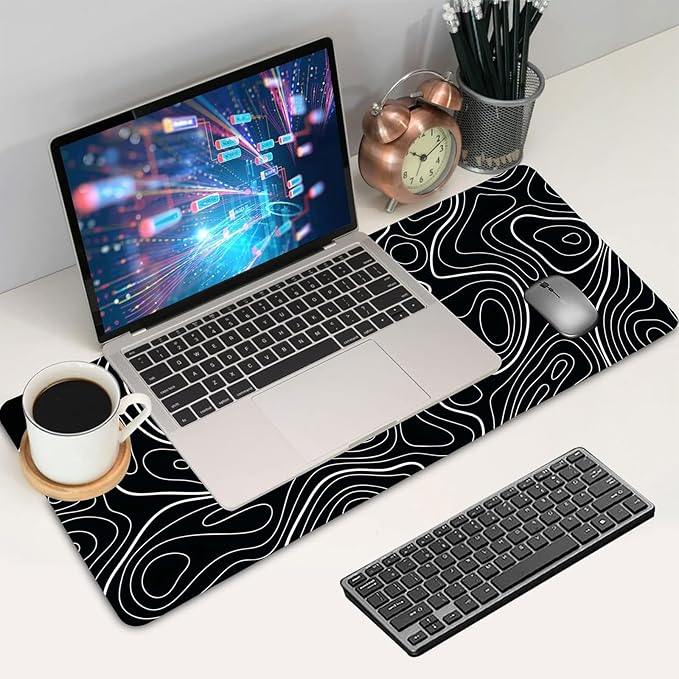Extra Large Gaming Mouse Pad 31.5"x15.7"｜Topographic Contour-Themed XXL Keyboard Pad, Mouse Mat, Desk Pad, Non-Slip Rubber Base & Stitched Edges - Extended Mousepad for PC/Laptop/Office/Home Decor