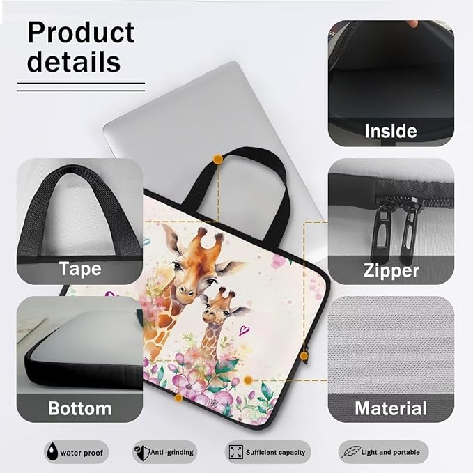 13 Inch Giraffe Flowers Laptop Sleeve, Laptop Cover Computer Bag Tablet Carrying Case with Handle, Zipper Tote Bags Notebook Sleeves Handbag Messenger Briefcase for Men Women