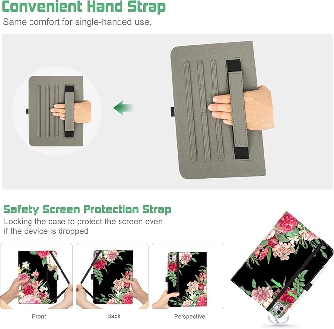 for iPad Air 11 Inch Case M4/M3/M2 2026/2025/2024, Black Flower for iPad Pro 11 Inch Case 4Th/3Rd/2Nd/1St Generation, for iPad Air 5Th/4Th Gen Cases 10.9 Inch Pencil Holder/Hand Strap/Pocket