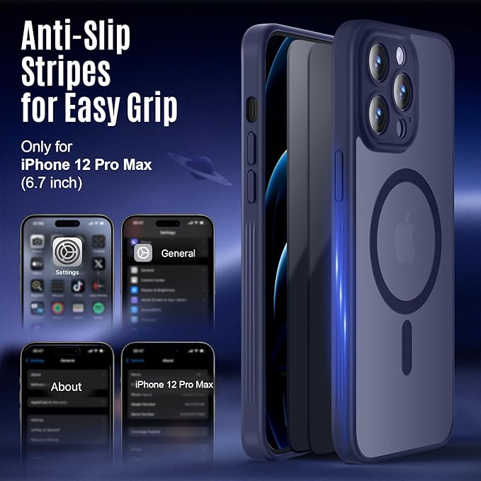 Symcele Designed for iPhone 12 Pro Max Case, Compatible with MagSafe, with Privacy Screen Protectors X2, [Camera Protection] [15FT Military Drop Protection] Shockproof Phone Case, 6.7", Deep Blue