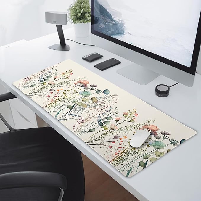 Cute Wild Flowers Mouse Pad XXL Boho Aesthetic Floral Chic Plant Extended Table Mat 90X40 cm Non-Slip Rubber Base Stitched Edge Large Mousepad for Gaming Laptop Computer Desk Top 35.4×15.7 Inch