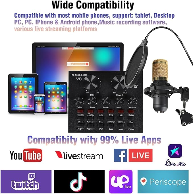 MorTime Condenser Microphone Bundle, Live Sound Card, Adjustable Boom Arm, Shock Mount, Metal Mic Pop Filter, Sponge Pop Filter Cover, Earphone, Audio Cables and Power Cable, Set of 11 Mic Kit