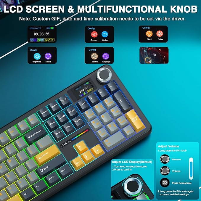 AULA F108 PRO - Wireless Mechanical Keyboard with Screen&Knob,Hot Swappable Gaming Keyboard with 8000mAh Battery,Pre-lubed Switches,RGB Backlit,PBT Keycaps Creamy Sounding Computer Keyboards,104 Keys