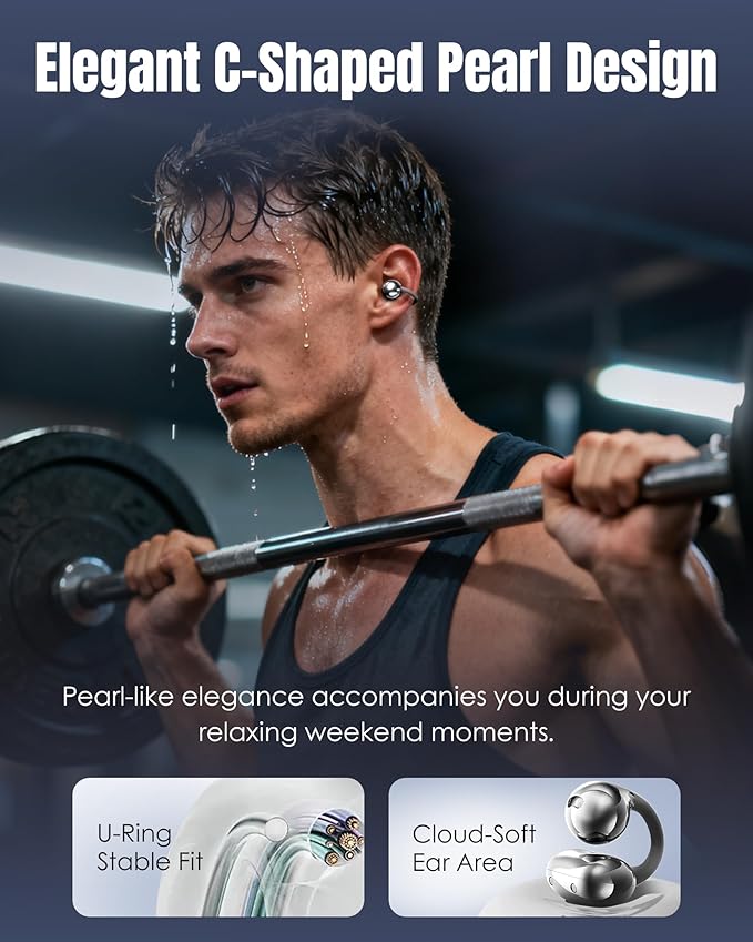 King Lucky Clip-On Earbuds Gen 3, Open-Ear Wireless Bluetooth 6.0 Headphones with Mic, Secure Fit for Small Ears & Glasses Wearers, 50H Playtime, LED Digital Display, ENC, IPX5 Waterproof(Balck)